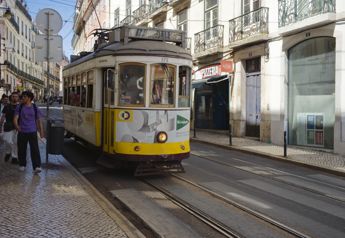 "The famous number 28 tram passes most of the major attractions in Lisbon" stock image