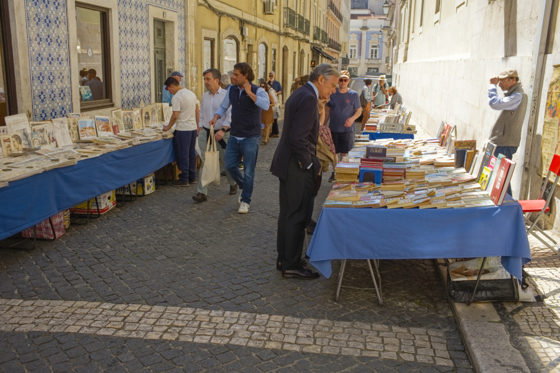 "Street stalls in Lisbon selling secondhand books and prints" stock image