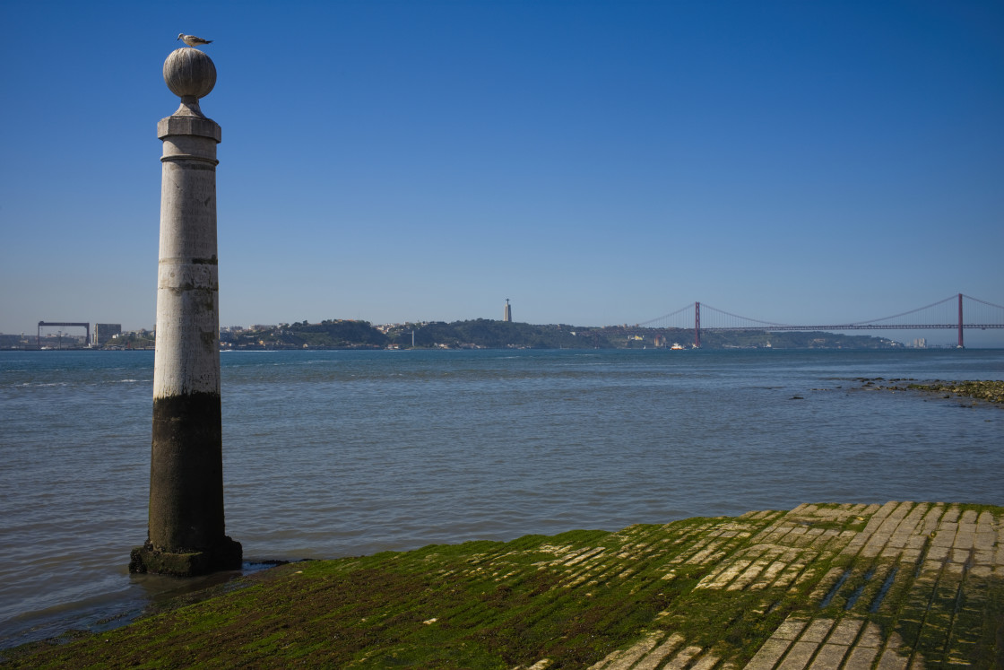 "One of the two columns at Cais das Colunas on the river Tagus" stock image