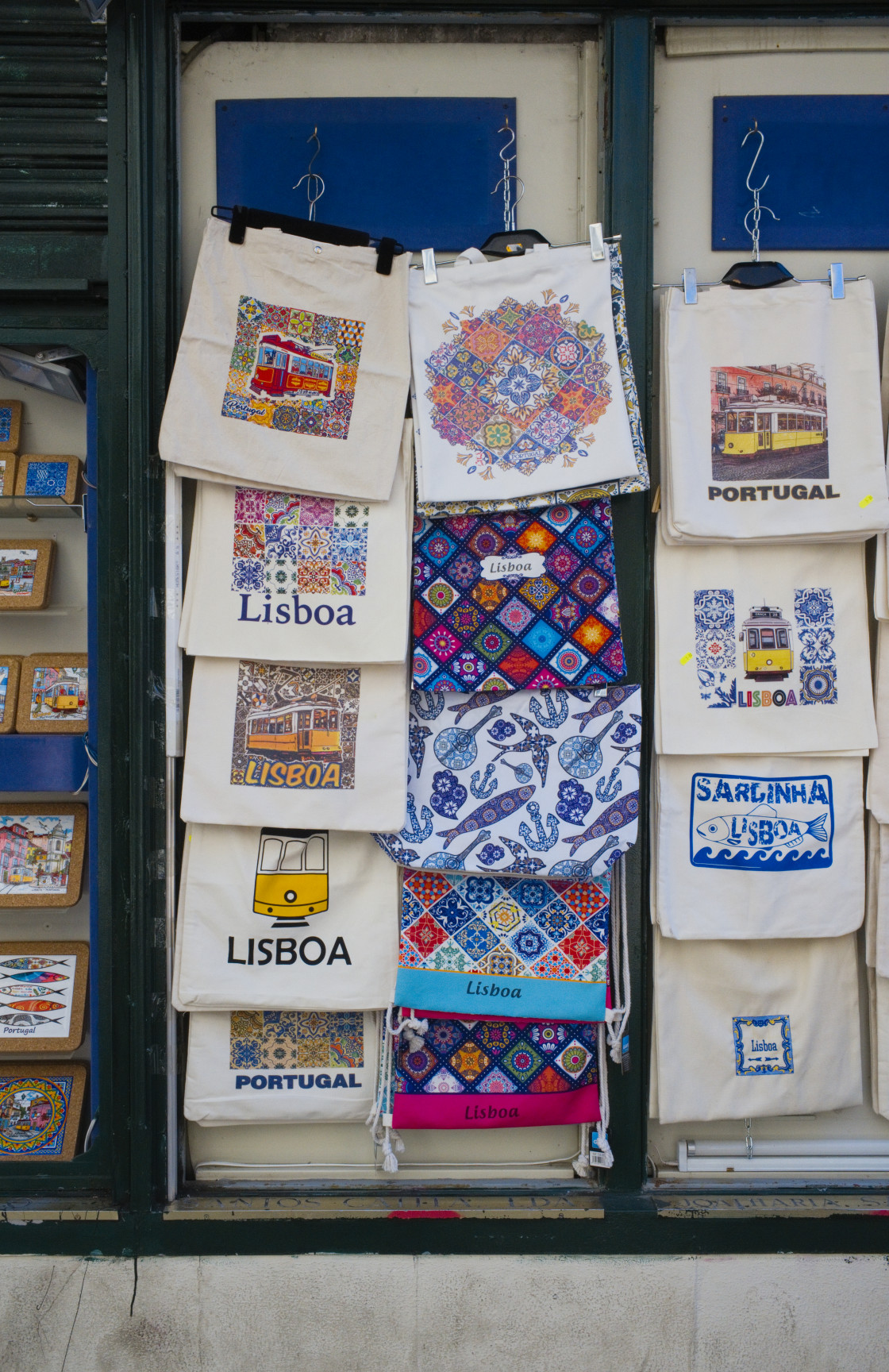 "Canvas shopping bags for sale in Lisbon" stock image