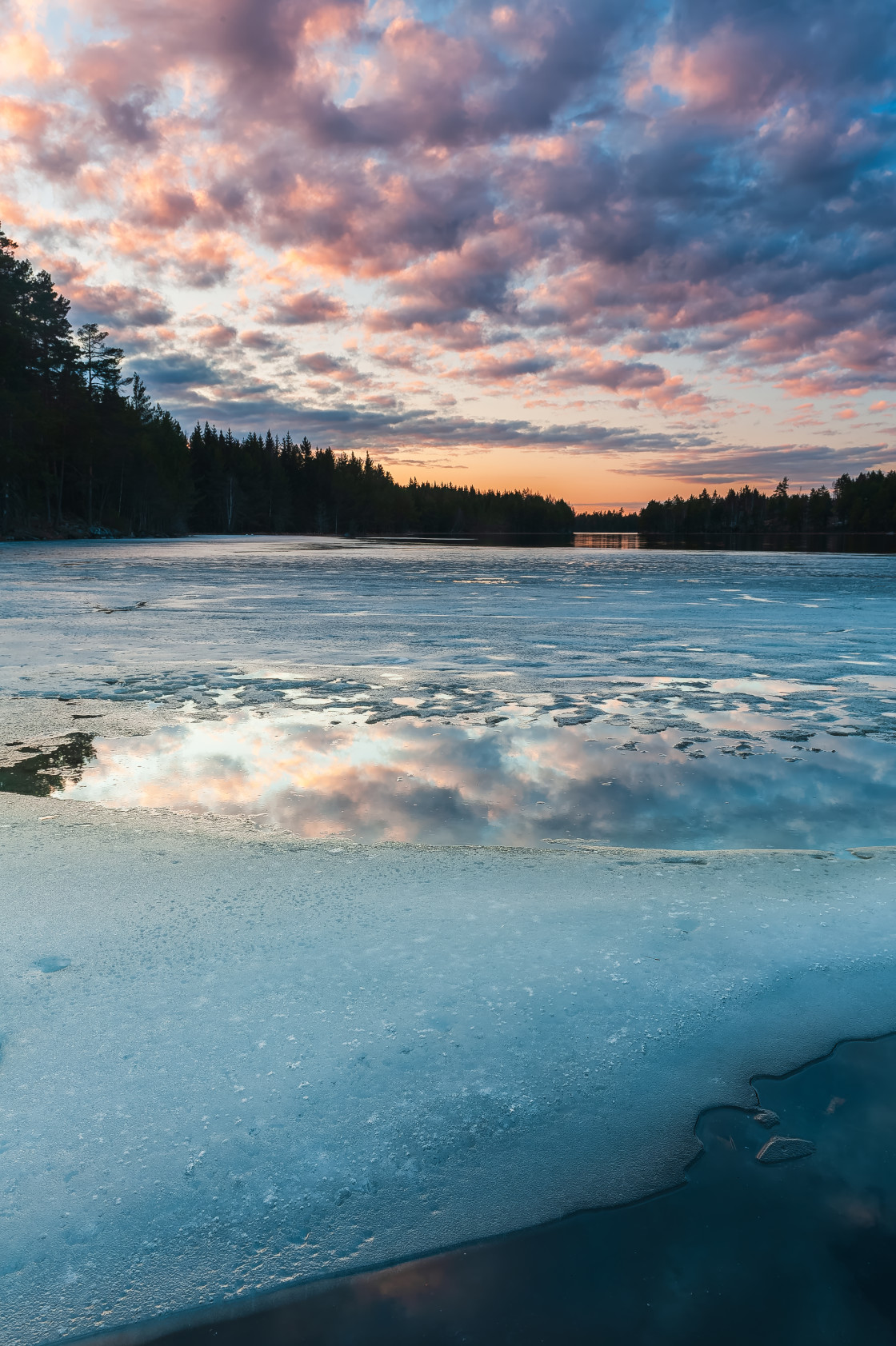 "Serene Twilight Over a Partially Frozen Lake Surrounded by Forest" stock image