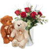 Media 1 - 5 roses rouges avec verdure et couple d’ours en peluche