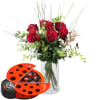 Media 1 - 7 Red Roses with greenery and Munz chocolate ladybird