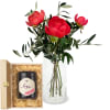 Media 1 - 3 peonies (coral) with greenery and Bee-Family Swiss blossom honey
