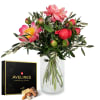 Media 1 - 12 peonies (coral) with greenery and Avelines pralines from Maestrani