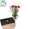 Media 1 - 3 Red Fairtrade Max Havelaar-Roses with greenery and Munz bar of chocolate «Heart»