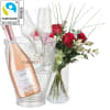 Media 1 - 5 rote Fairtrade-Rosen Max Havelaar mit Grün und Prosecco Rosé Albino Armani DOC (75 cl) inkl. Eiskühler und zwei Flûte-Gläser