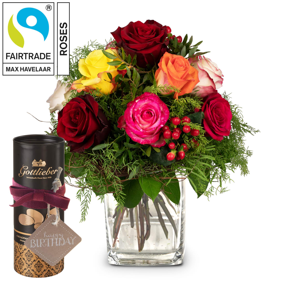 Magie de roses avec roses Fairtrade Max Havelaar avec amandes au cacao  Gottlieber et étiquette à suspendre «Happy Birthday» - commander ici -  livraison encore aujourd'hui