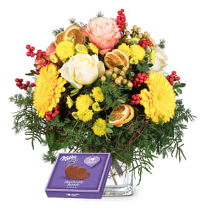Blumenstrauß Wintersonne mit Milka Schokolade Hauchzarte Herzen, 130g
