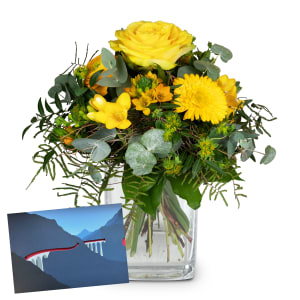 Flower bouquet  «Little Sunshine» with a CHF 50.- gift voucher from the Rhaetian Railway