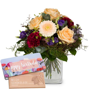 Blumenstrauss «Bunter Blumentraum» mit Munz Schoggi-Tafel «Happy Birthday»
