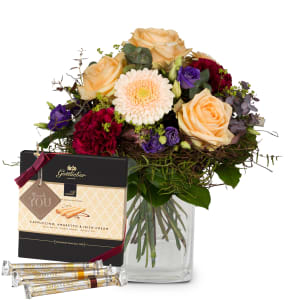 Blumenstrauss «Bunter Blumentraum» mit Gottlieber Hüppen und «Thank You»-Anhänger