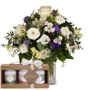 Blumenstrauss «Einfach himmlisch» mit Gottlieber Tee Geschenk-Set und «Happy Birthday»-Anhänger