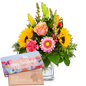 Blumenstrauss des Monats «Juli» mit Munz Schoggi-Tafel «Happy Birthday»
