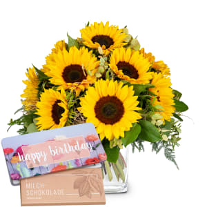 Blumenstrauss «Sonnenblumen pur» mit Munz Schoggi-Tafel «Happy Birthday»