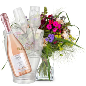 Blumenstrauss «Sommerwiese» mit Prosecco Rosé Albino Armani DOC (75 cl), inkl. Eiskühler und zwei Flûte-Gläser