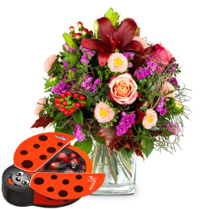 Media 1 - Blumenstrauss des Monats «Oktober» mit Munz Schoggi-Glückskäfer