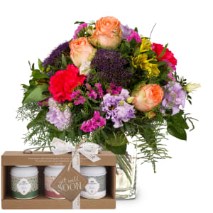 Blumenstrauss «Sinfonie der Farben» mit Gottlieber Tee Geschenk-Set und «Get Well Soon»-Anhänger