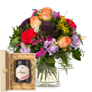 Blumenstrauss «Sinfonie der Farben» mit Schweizer Blütenhonig von Bee-Family