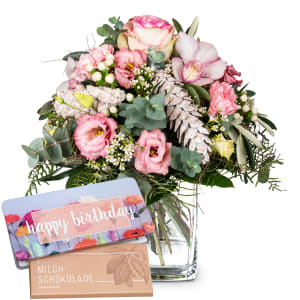 Blumenstrauss «Winter Poetry» mit Munz Schoggi-Tafel «Happy Birthday»