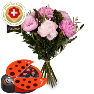 Schweizer Blumenstrauss «Pfingschtrose-Poesii» mit Munz Schoggi-Glückskäfer