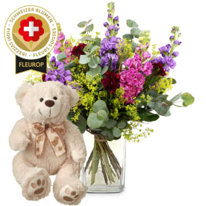 Schweizer Blumenstrauss «Garte-Poesii» mit Teddybär