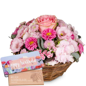 Flower arrangement «A Flower Greeting in Delicate Colors» with Munz bar of chocolate «Happy Birthday»