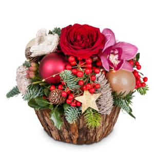 Blumengesteck «Weihnachtsgeschichte» mit Lichterkette