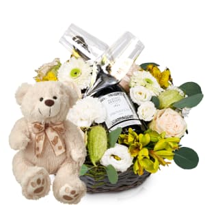 Blumengesteck «Für das Fest aller Feste» mit Prosecco Albino Armani DOC (75 cl) und zwei Flûte-Gläsern mit Teddybär