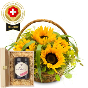 Arrangement floral «Tournesols suisses» avec du miel de fleurs suisse de Bee-Family