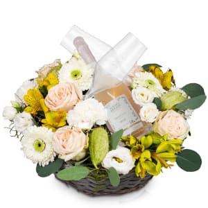 Blumengesteck «Für das Fest aller Feste» mit Prosecco Rosé Albino Armani DOC (75 cl) und zwei Flûte-Gläsern