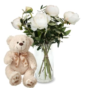 5 peonie bianche con verde e orsetto in peluche
