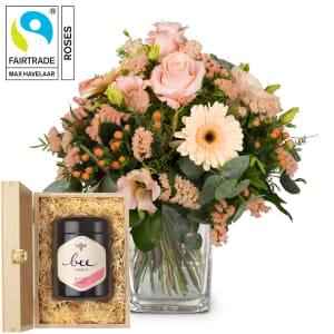 Blumenstrauss «Zarte Farben» mit Fairtrade-Rosen Max Havelaar und Schweizer Blütenhonig von Bee-Family