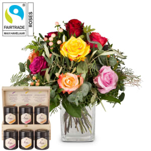 Flower bouquet «Bellissima» with Fairtrade Max Havelaar-Roses and Bee-Family honey gift set