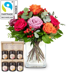 Flower bouquet «Color Dream» with Fairtrade Max Havelaar Roses and Bee-Family honey gift set