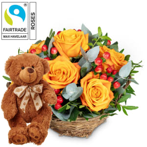 Blumengesteck «Pure Moment» mit Fairtrade-Rosen Max Havelaar und Teddybär