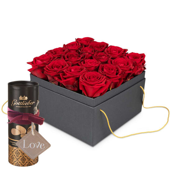 Boîte à fleurs «Paris» (20 cm) avec amandes au cacao Gottlieber et étiquette à suspendre «Love»