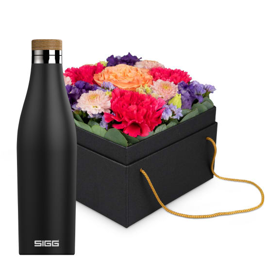 Scatola con fiori «Amsterdam» (15 cm) con borraccia di SIGG Meridian Black 0.5L