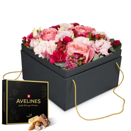 Fleurop Blumenbox «Seville» (20 cm) mit Avelines Pralinés von Maestrani