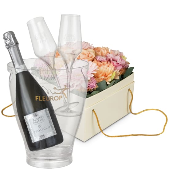 Boîte à fleurs «Prague» (15 cm) avec prosecco Albino Armani DOC (75 cl) y c. seau à glace et deux flûtes