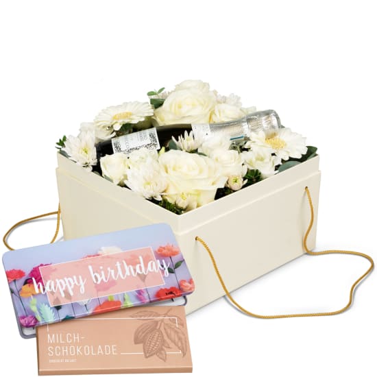 Scatola con fiori «Mykonos» (20 cm) con Prosecco Albino Armani DOC (20 cl) e Munz tavoletta di cioccolato «Happy Birthday»