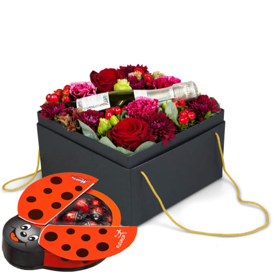 Boîte à fleurs «Shanghai» (20 cm) avec prosecco Albino Armani DOC (20 cl) avec Munz coccinelle en chocolat