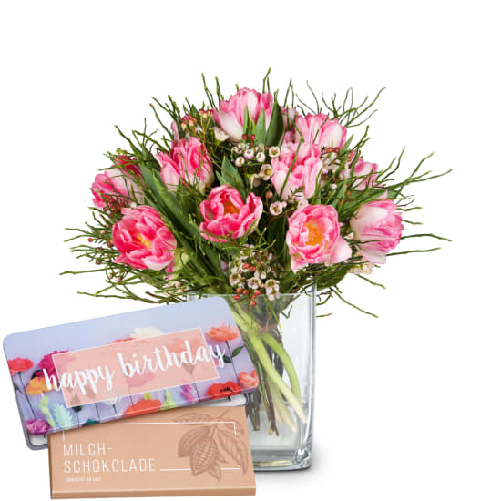 Delicate spring composition with Munz bar of chocolate «Happy Birthday»