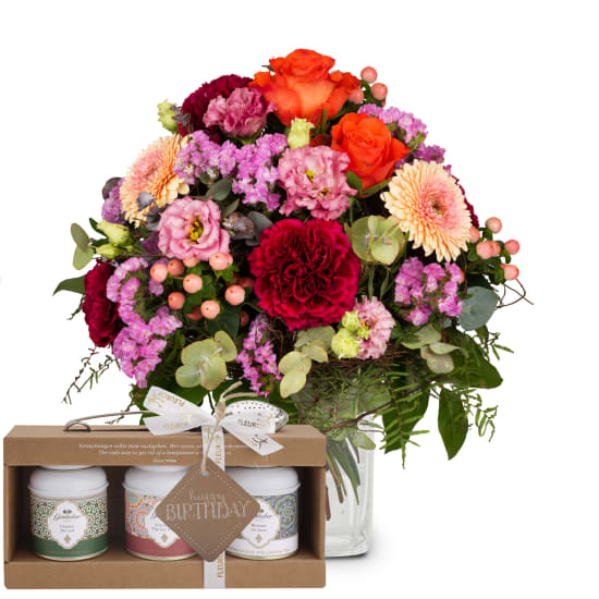 Fleurop Blumenstrauss «Geburtstag» mit Gottlieber Tee Geschenk-Set und «Happy Birthday»-Anhänger