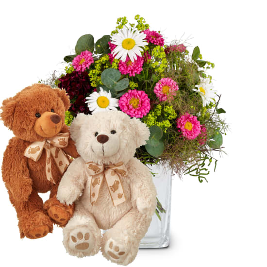 Bouquet d’été naturel avec couple d’ours en peluche