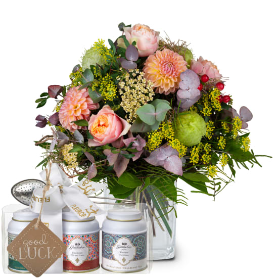 Bouquet du mois de septembre avec coffret cadeau de thés Gottlieber et étiquette à suspendre «Good Luck»