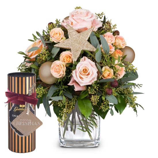 Fleurop Blumenstrauss «Funkelnde Sternstunde» mit Gottlieber Cacaomandeln und «Merry Christmas»-Anhänger