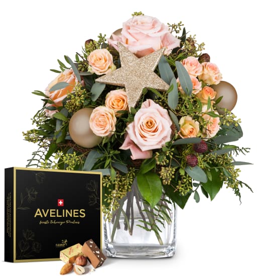 Bouquet de fleurs «Etoile fleurie scintillante» avec pralinés Avelines de Maestrani