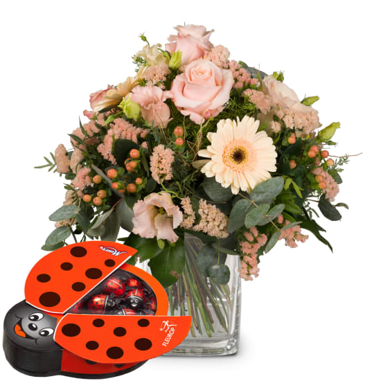 Delicate Seasonal Bouquet with Munz chocolate ladybird