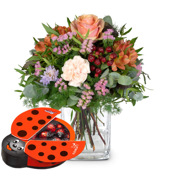 Bouquet de fleurs «Petit mais pour toi» avec Munz coccinelle en chocolat